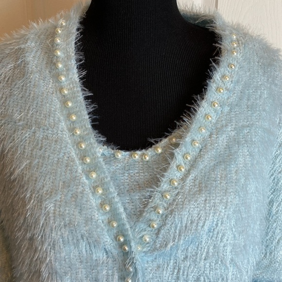 Chicme Powder Blue Women’s Eyelash Sweater Set Bandeau & V-Neck Cardigan XL NEW - Picture 2 of 7